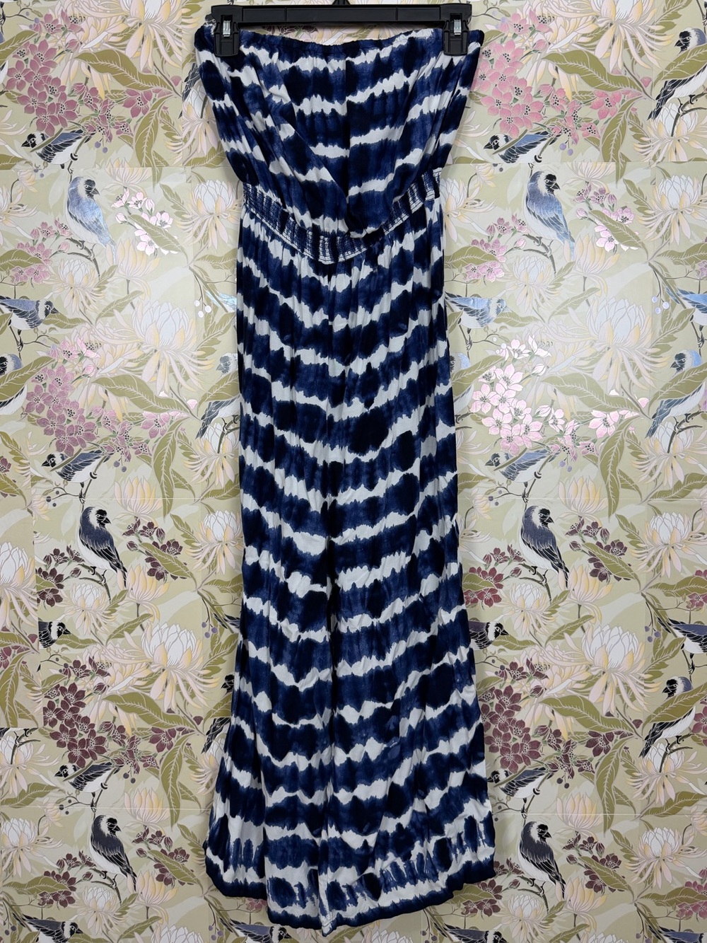 Strapless Navy & White Tie-Dye Wide-Leg Jumpsuit